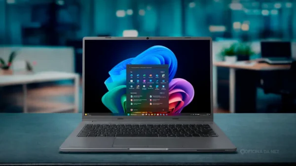 Positivo Master Copilot+ PC notebook brasileiro Intel Core Ultra Série 3 aberto sobre mesa