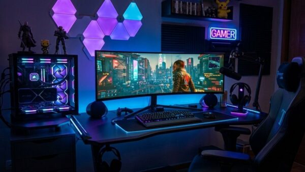 Setup de PC gamer montado com placa de vídeo