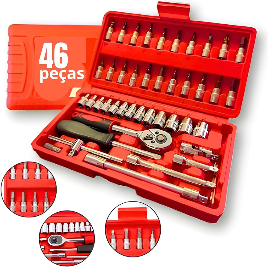 Kit Chaves e Soquetes Catraca 46 Peças (maleta)