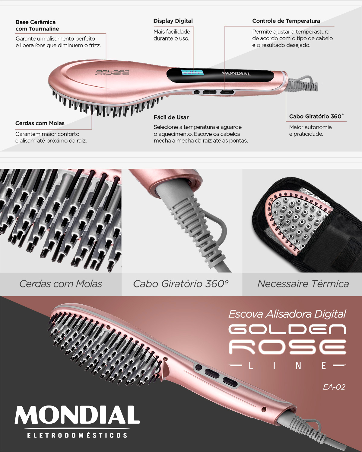 Escova Alisadora Mondial Golden Rose