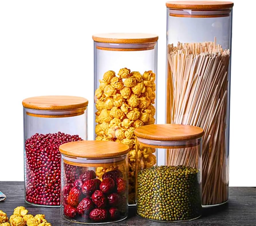 Kit Potes de Vidro para Mantimentos (tampa bambu)