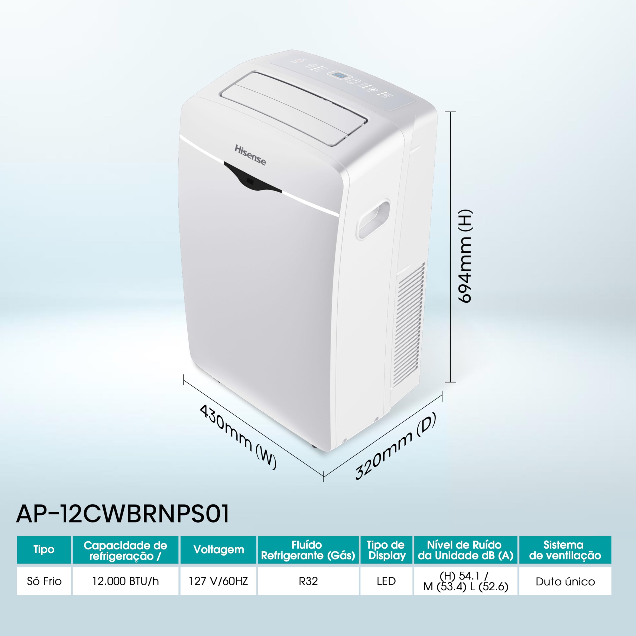 Ar-Condicionado Portátil Hisense Wi-Fi 12.000 BTUs Frio